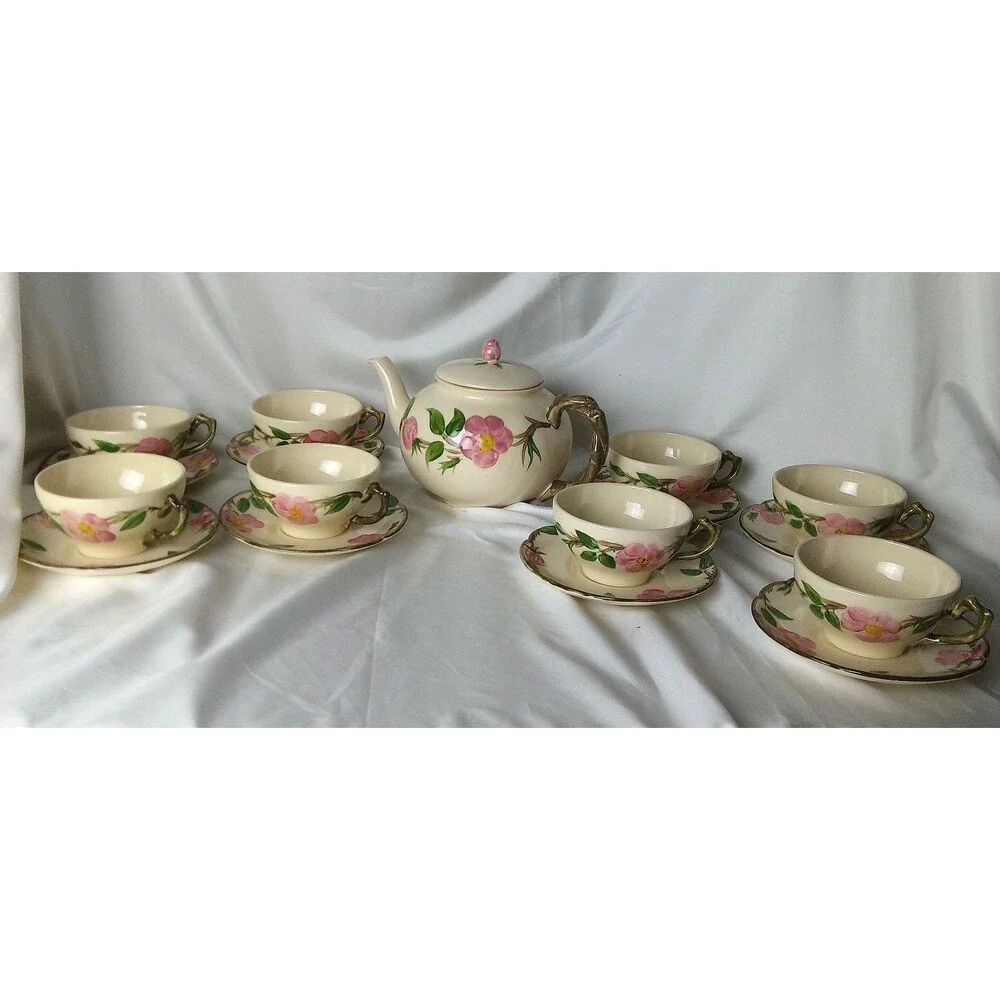 FRANCISCAN DESERT ROSE TEAPOT (ENGLAND) WITH 8 CUPS/SAUCERS (CALIFORNIA)